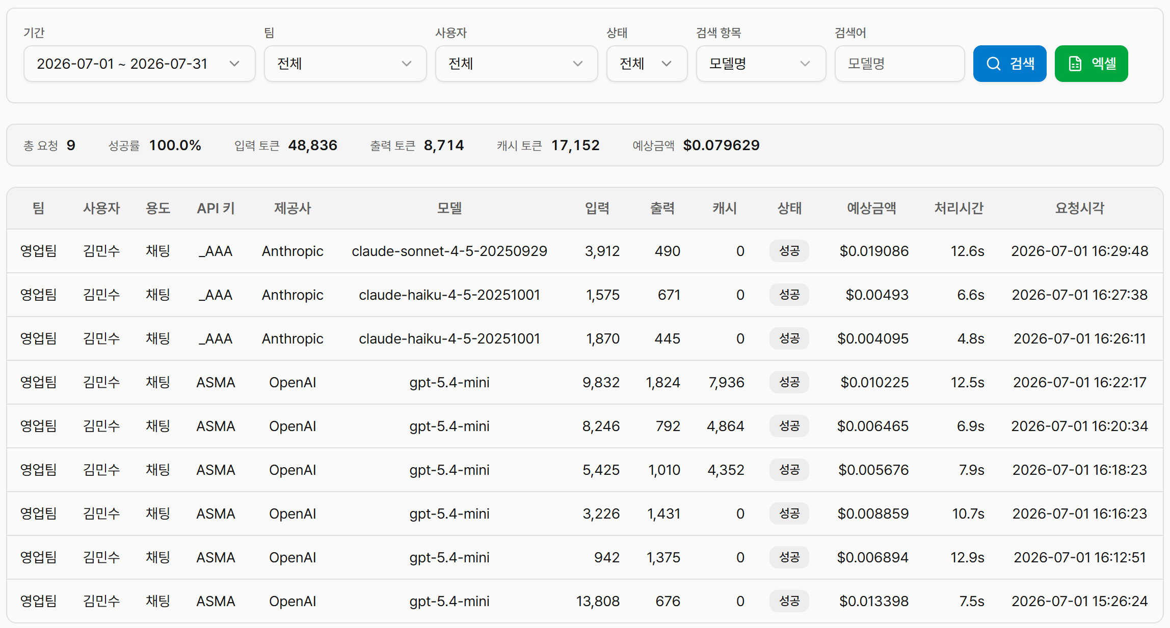 API BYOK 이용내역 화면