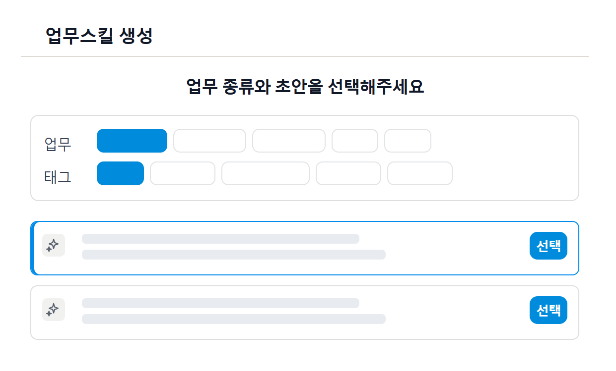 프리셋에서 업무스킬 초안을 만들고 팀 전체가 반복 사용하는 화면
